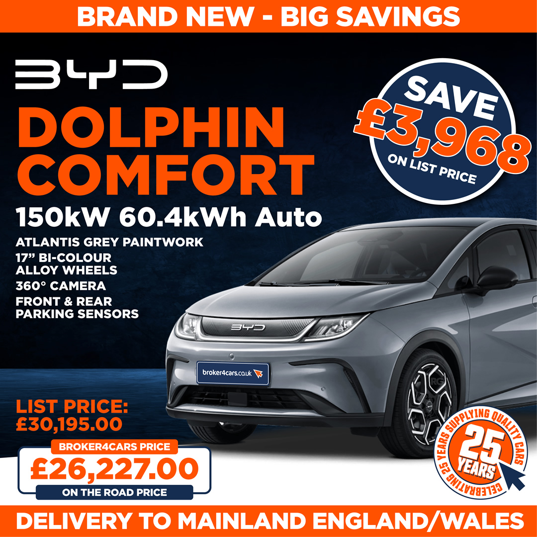 BYD Dolphin Comfort 150kW 60.4kWh Auto. Atlantis Grey Paintwork, 17 Inch Bi-Colour Alloy Wheels, 360 Degree Camera, Front and Rear Parking Sensors. Broker4Cars Price £26,227 OTR. List Price £30,195. Save £3,968 on List Price. Delivery to Mainland England/Wales