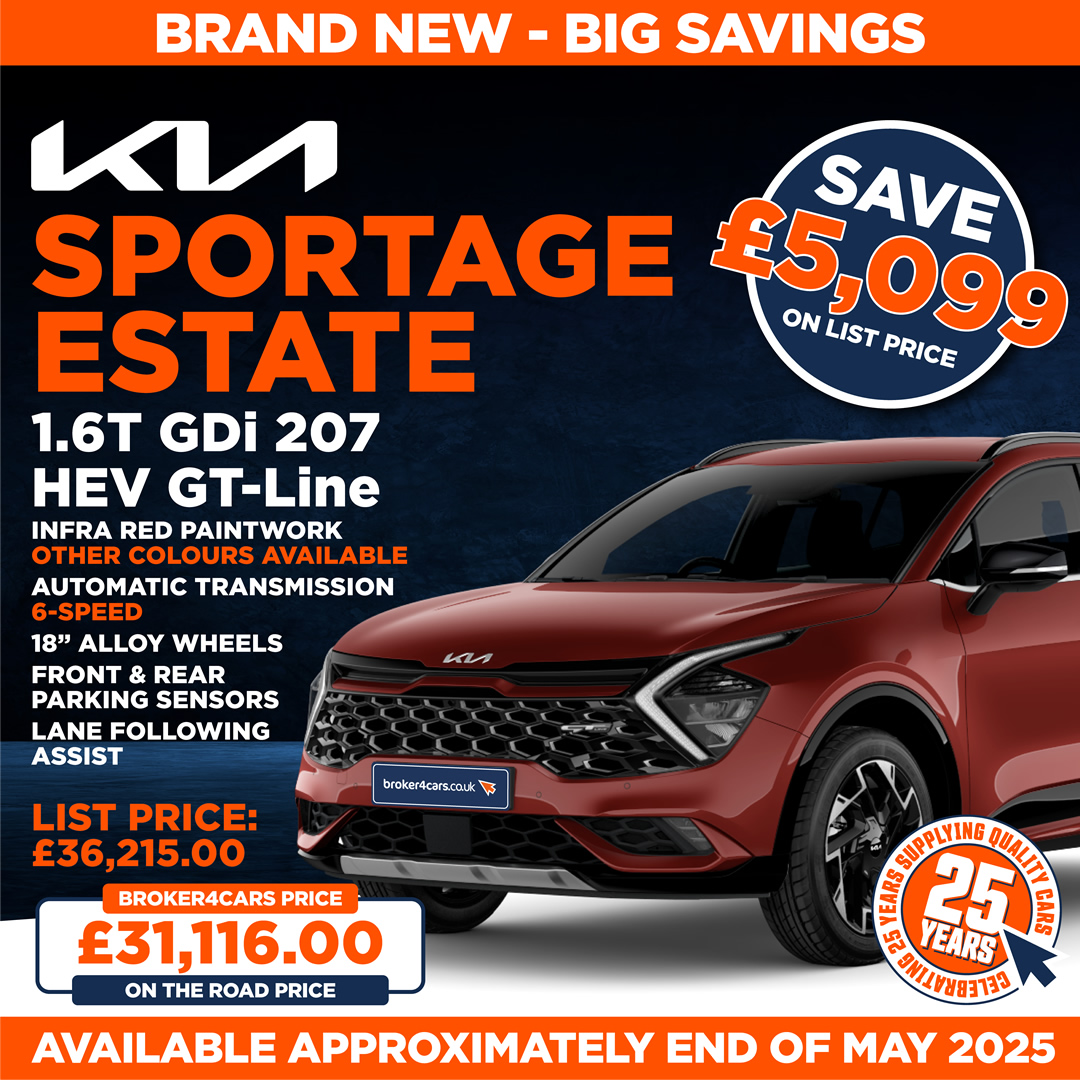 Kia Sportage Estate 1.6 GDi 207 HEV GT-Line. Infra Red Paintwork, Other Colours Available. Automatic Transmission, 6-Speed, 18 Inch Alloy Wheels, Front and Rear Parking Sensors, Lane Following Assist. Broker4Cars Price £31,116 OTR. List Price £36,215. Save £5,099 on List Price. Available Approximately End of May 2025