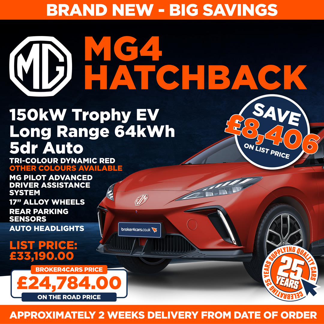MG4 Hatchback 150kW Trophy EV Long Range 64kWh 5dr Auto. Tri-Colour Dynamic Red, Other Colours Available. MG Pilot Advanced Driver Assistance System, 17 Inch Alloy Wheels, Rear Parking Sensors, Auto Headlights. Broker4Cars Price £24,784 OTR. List Price £33,190. Save £8,406 on List Price. Approximately 2 Weeks Delivery from Date of Order