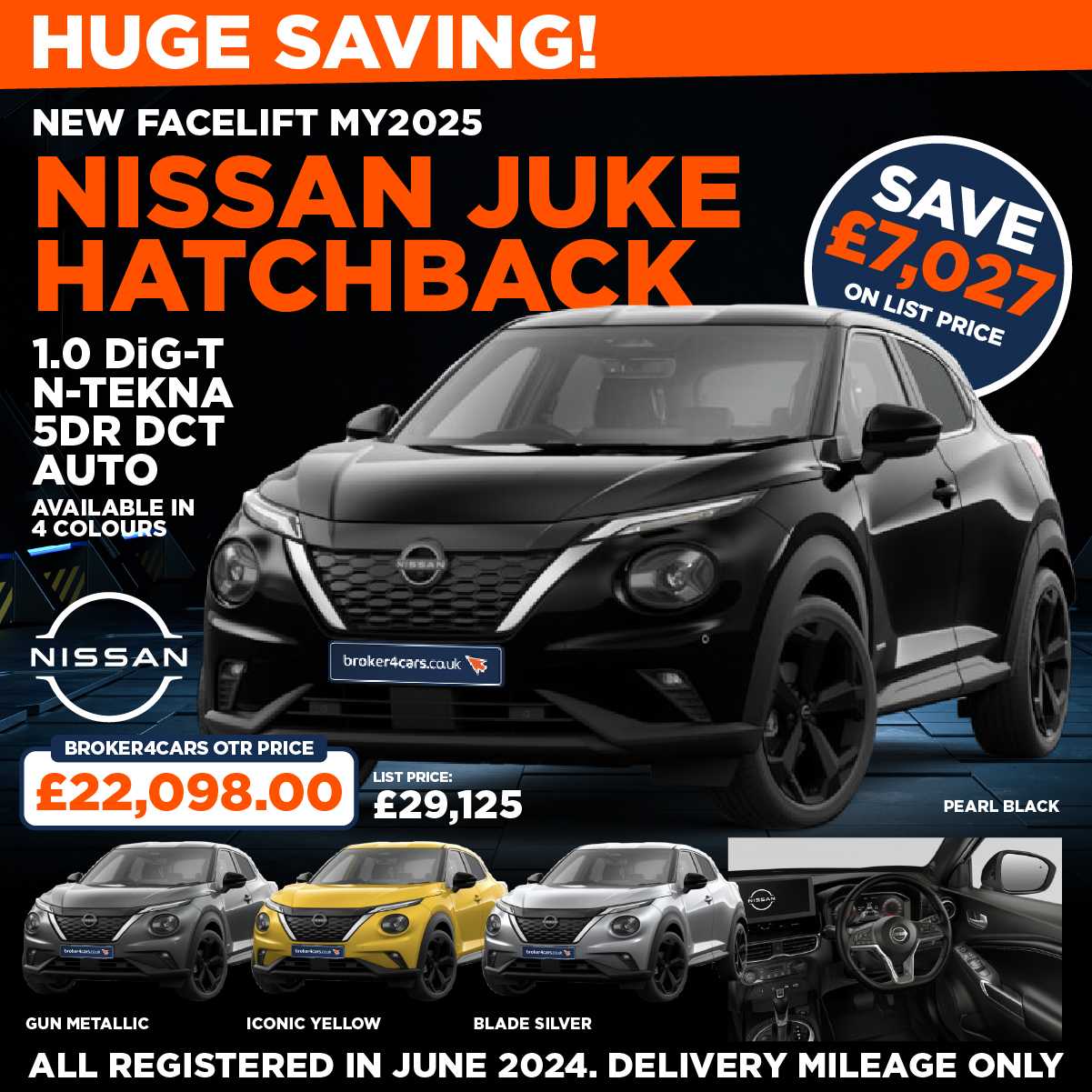 NEW FACELIFT MY2025 NISSAN JUKE HATCHBACK 1.0 DiG-T N-Connecta 5dr Manual. Available in either Black, Gun Metallic, Magnetic Blue or Ceramic Grey. All registered in June 2024. Delivery mileage only. List Price: £26,125. Save £6,646. Broker4Cars Price £19,479 OTR