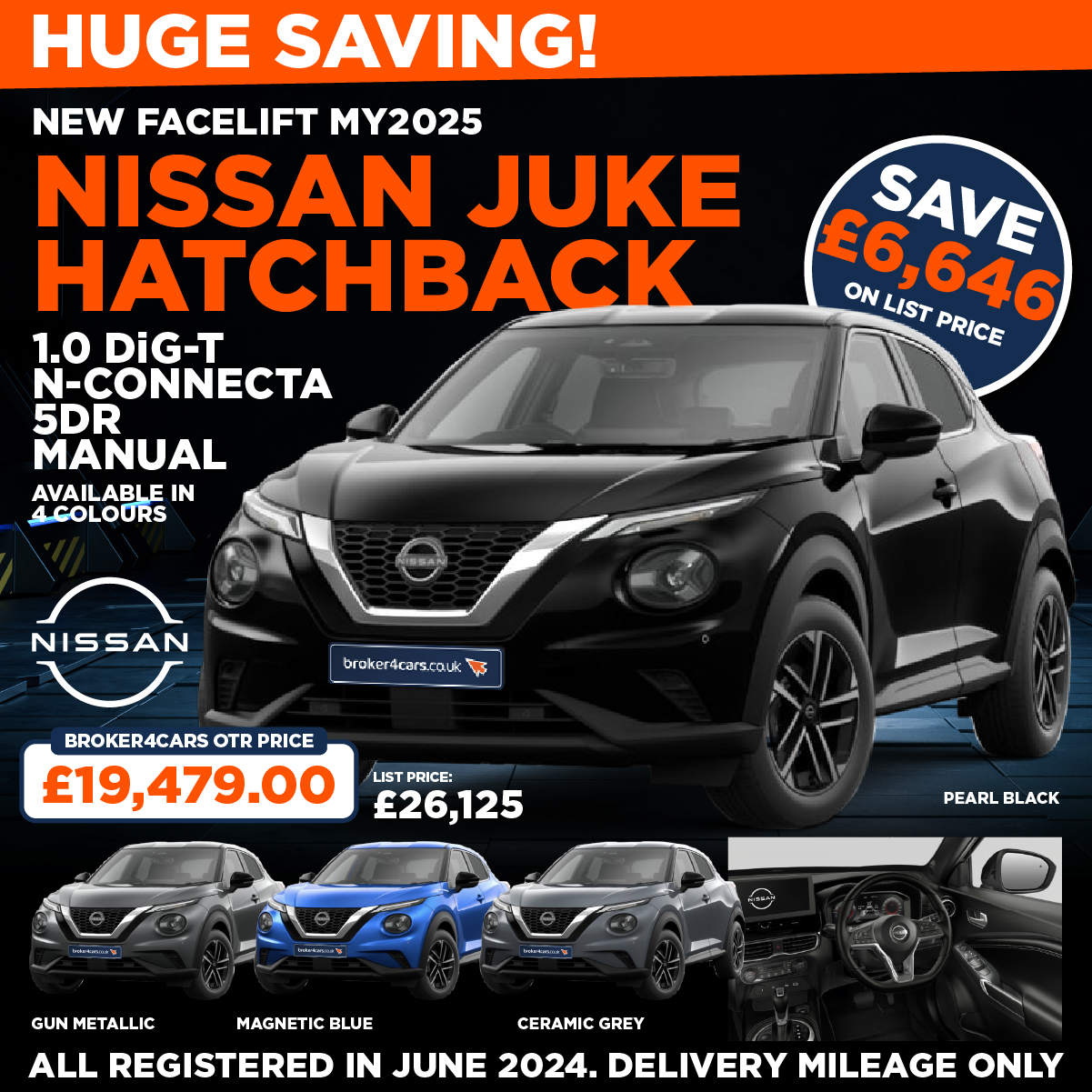 NEW FACELIFT MY2025 NISSAN JUKE HATCHBACK 1.0 DiG-T Tekna 5dr DCT Auto. Available in either Black, Iconic Yellow, Gun Metallic or Silver. All registered in June 2024. Delivery mileage only. List Price: £29,125. Save £7,027. Broker4Cars Price £22,098 OTR