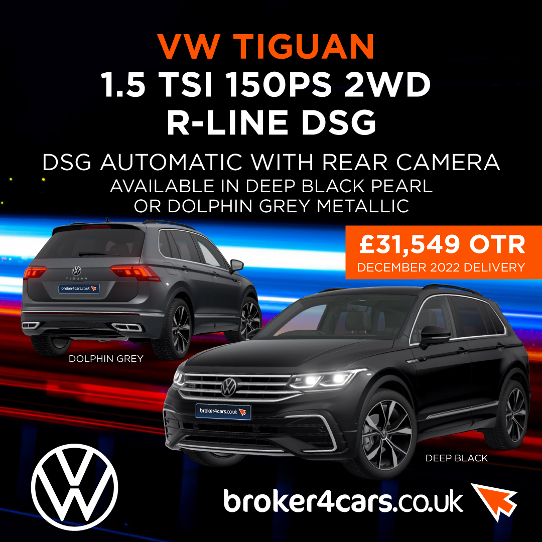 VW Tiguan 1.5 TSI 150PS 2WS R-Line DSG. DSG Automatic with Rear Camera. Available in Deep Black Pearl or Dolphin Grey Metallic. £31,549 OTR. December 2022 Delivery
