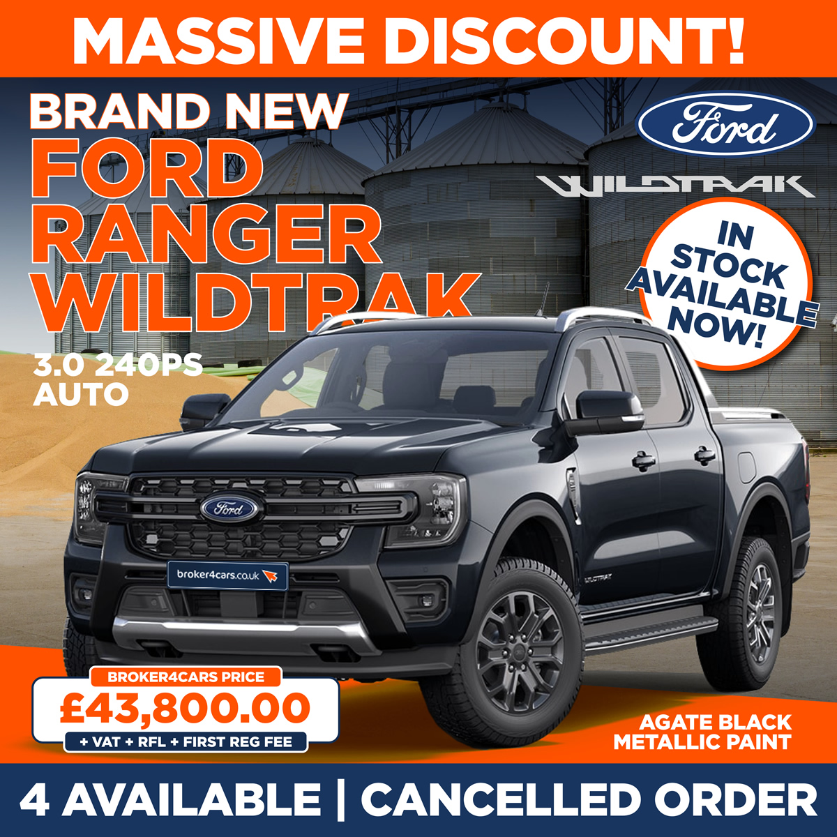 CANCELLED ORDER 3.0 RANGERS AVAILABLE – BRAND NEW. Ford Ranger WildTrak 3.0 240ps Auto. Agate Black Metallic Paint. £43,800 (Plus VAT, RFL & 1st Reg fee). 4 Available In Stock Now