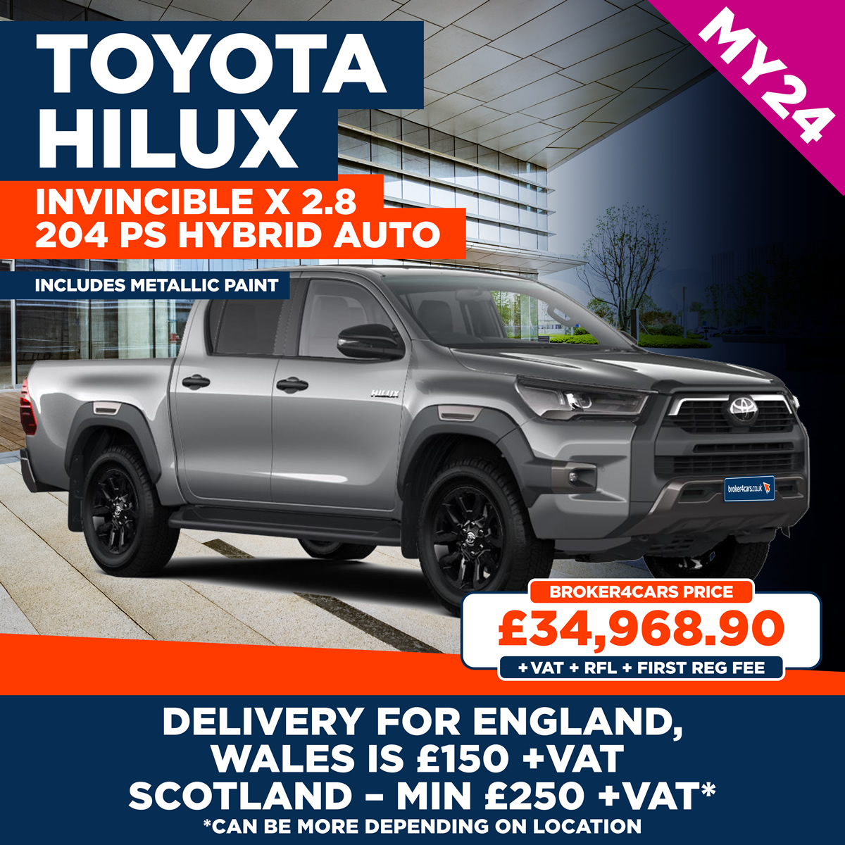 New MY24 Toyota Hilux Invincible X 2.8 204 PS Hybrid Auto includes metallic paint. Delivery for England and Wales is £150- plus VAT. Scotland – Min £250 plus VAT, but can be more depending on location. £34,968.90 +VAT + RFL £335+ First Reg Fee £55