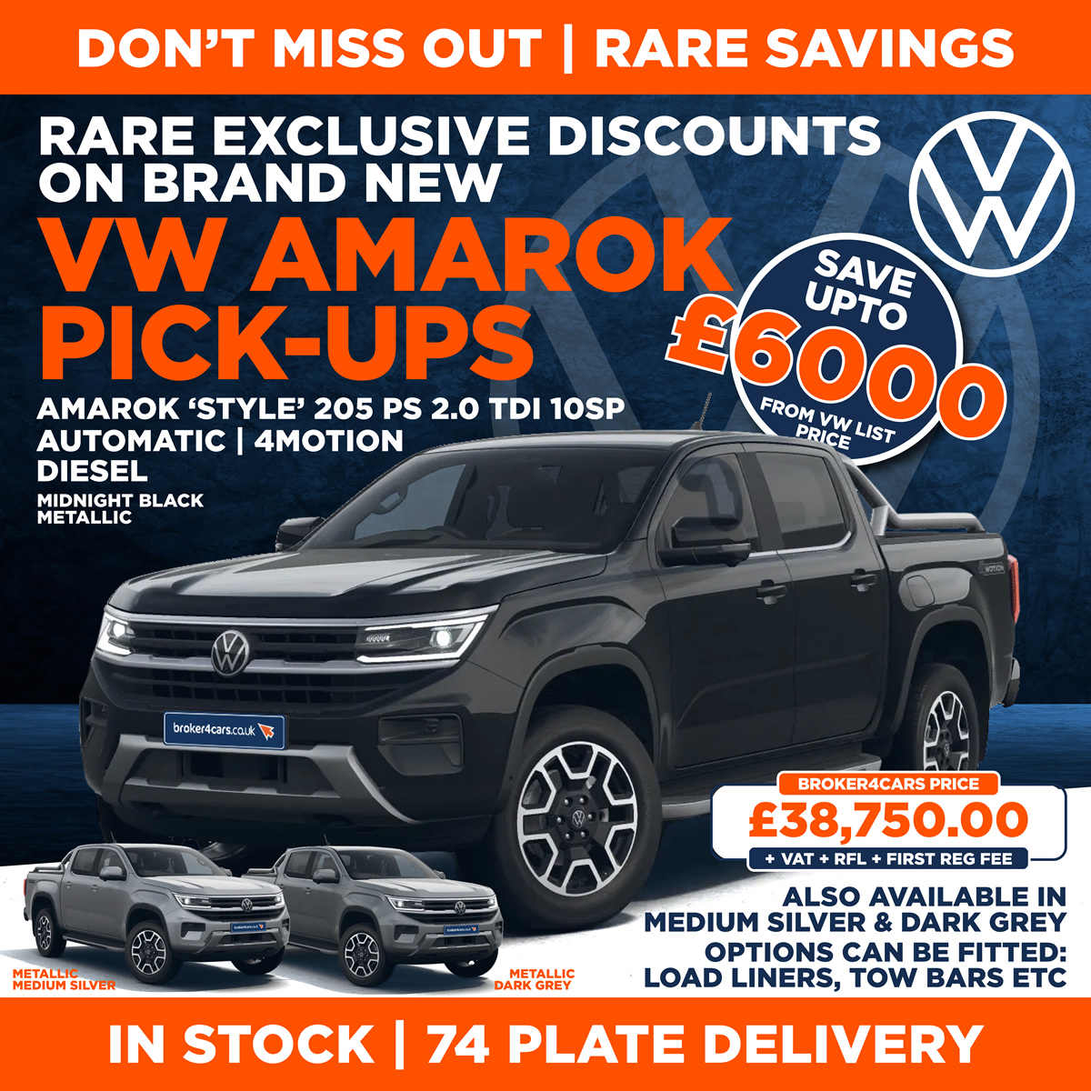 VW Amarok Style 2.0 TDI 205PS 4MOTION AutoChoice of 3 Metallic Colours - Midnight Metallic Black, Metallic Medium Silver or Metallic Dark Grey, Options can be fitted: Load Liners, Tow Bars etc, 
In Stock, 74 Plate Delivery