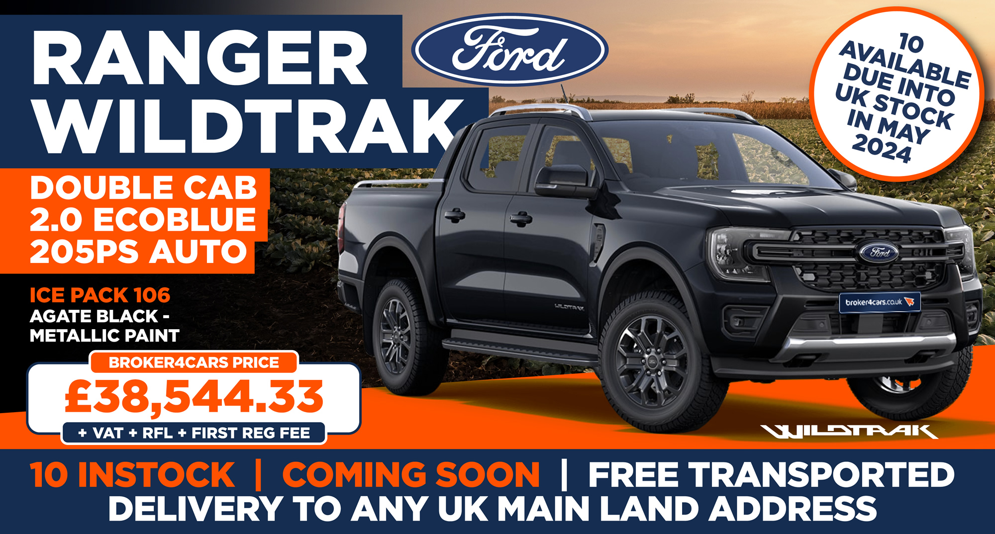 Ford Ranger Double Cab Wildtrak 2.0 EcoBlue 205ps AutoAgate Black Metallic Paint, ICE Pack 106, 10 Available due into UK Stock in May 2024. Free Transported Delivery to any UK Mainland Address