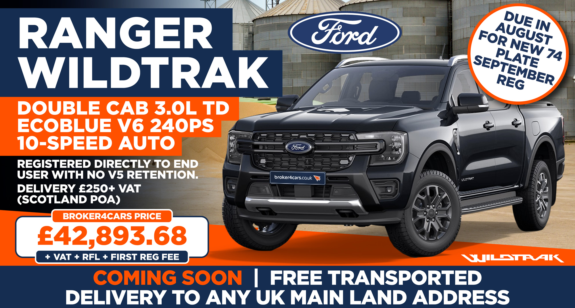 Ranger Wildtrak 3.0L TD Ecoblue V6 240PS10-Speed Automatic, Available in Agate Black and Carbonised Grey