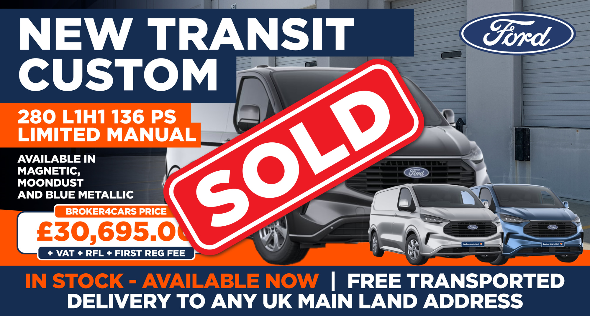 New Transit Custom 280 L1H1 136 PS Limited ManualAvailable in Magnetic, Moondust and Blue Metallic, In stock - Available now, Free Transported Delivery to any UK Mainland Address