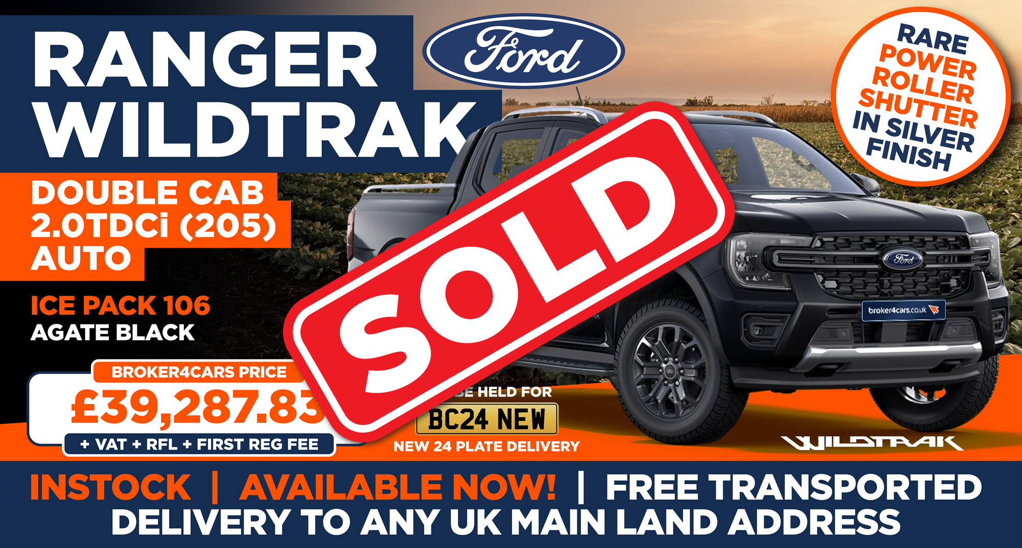 Ford Ranger Double Cab Wildtrak 2.0TDCi (205) AutoAgate Black, Power Roller Shutter, ICE Pack 106, In stock - can be held for March 24 plate delivery