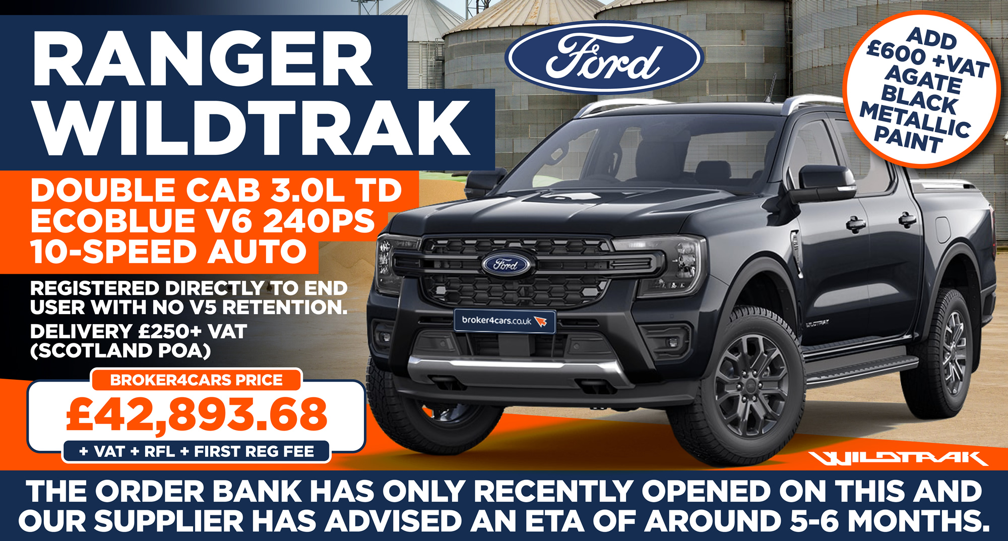 Ranger Wildtrak 3.0L TD Ecoblue V6 240PS10-Speed Automatic, Available in Agate Black and Carbonised Grey