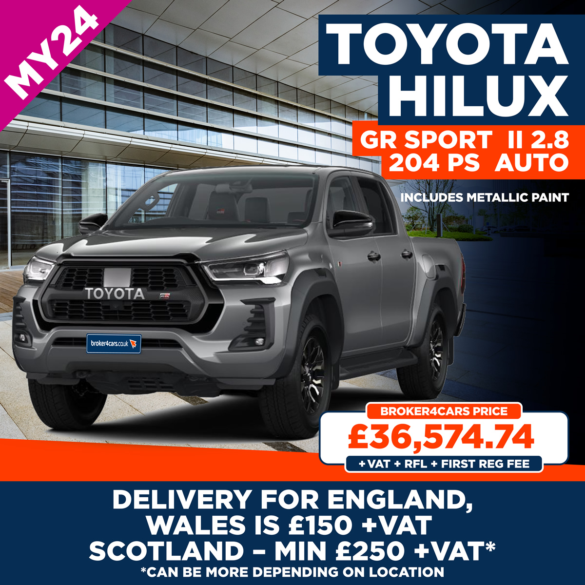 New MY24 Toyota Hilux GR Sport II 2.8 204 PS AutoIncludes metallic paint., Delivery for England and Wales is £150- plus VAT. Scotland - Min £250 plus VAT, but can be more depending on location., +VAT + RFL £335+ First Reg Fee £55