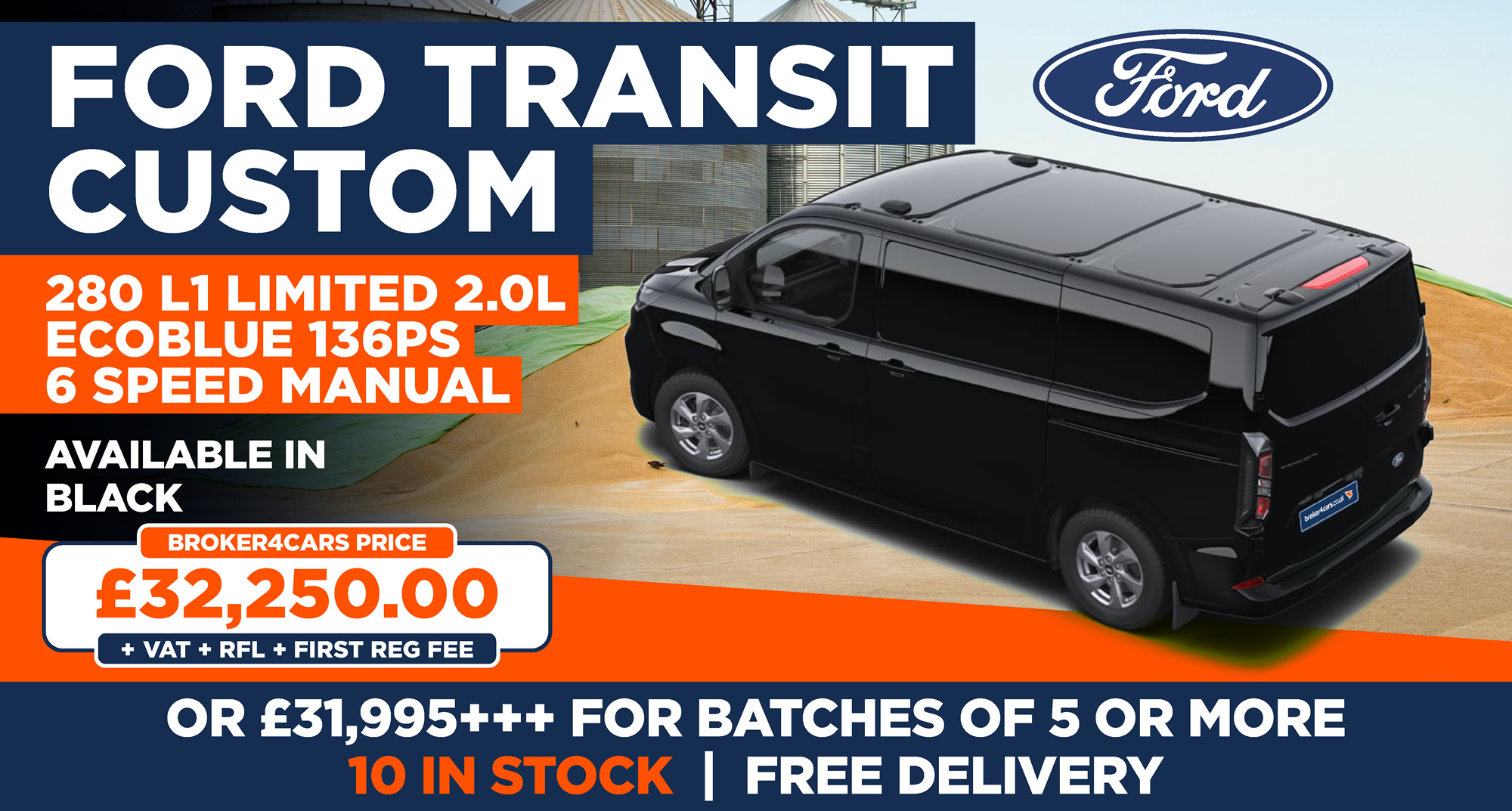 FORD TRANSIT CUSTOM 280 L1 Limited 2.0l EcoBlue 136ps 6 speed manual BlackALL IN STOCK WITH FREE DELIVERY. 10 in Stock. All above prices are + VAT + RFL + 1st Reg Fee