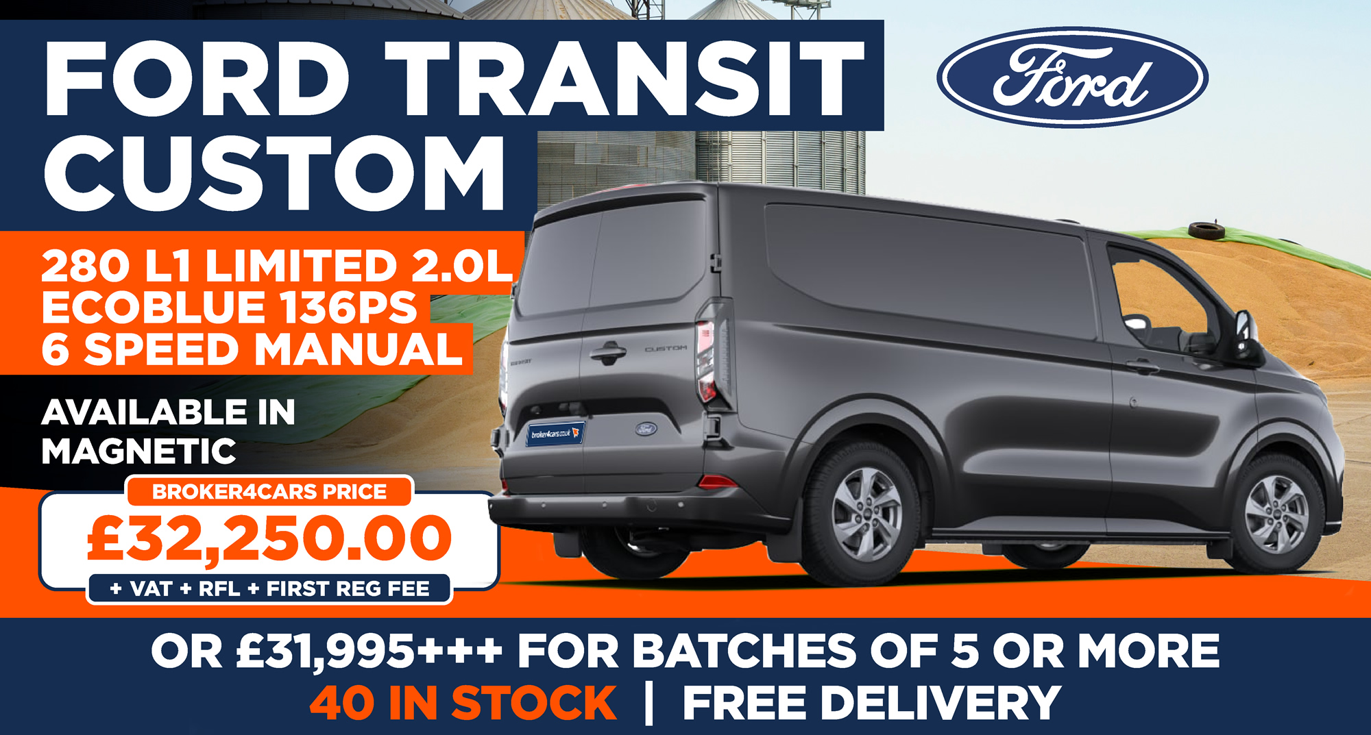 FORD TRANSIT CUSTOM 280 L1 Limited 2.0l EcoBlue 136ps 6 speed manual MagneticALL IN STOCK WITH FREE DELIVERY. 40 in Stock. All above prices are + VAT + RFL + 1st Reg Fee