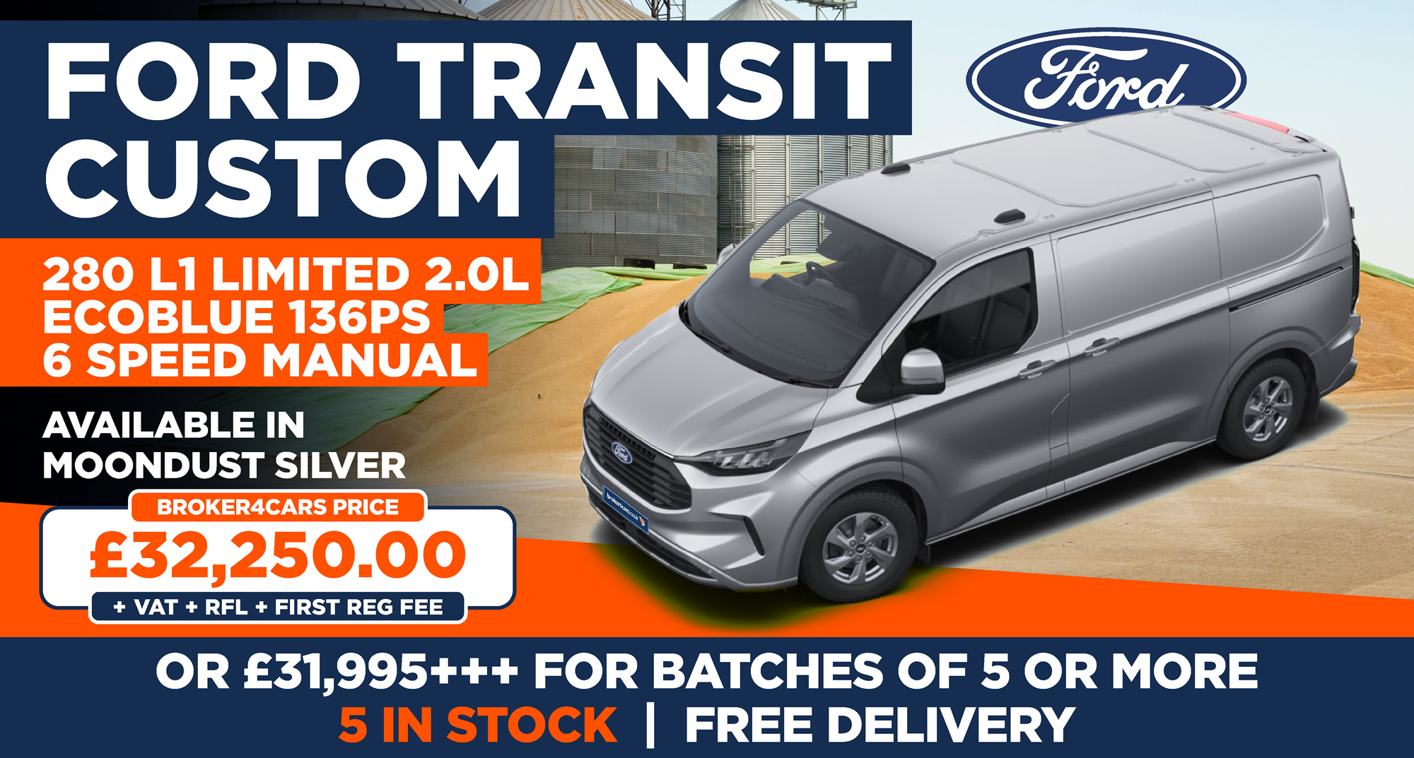 FORD TRANSIT CUSTOM 280 L1 Limited 2.0l EcoBlue 136ps 6 speed manual MoonstoneALL IN STOCK WITH FREE DELIVERY. 5 in Stock. All above prices are + VAT + RFL + 1st Reg Fee