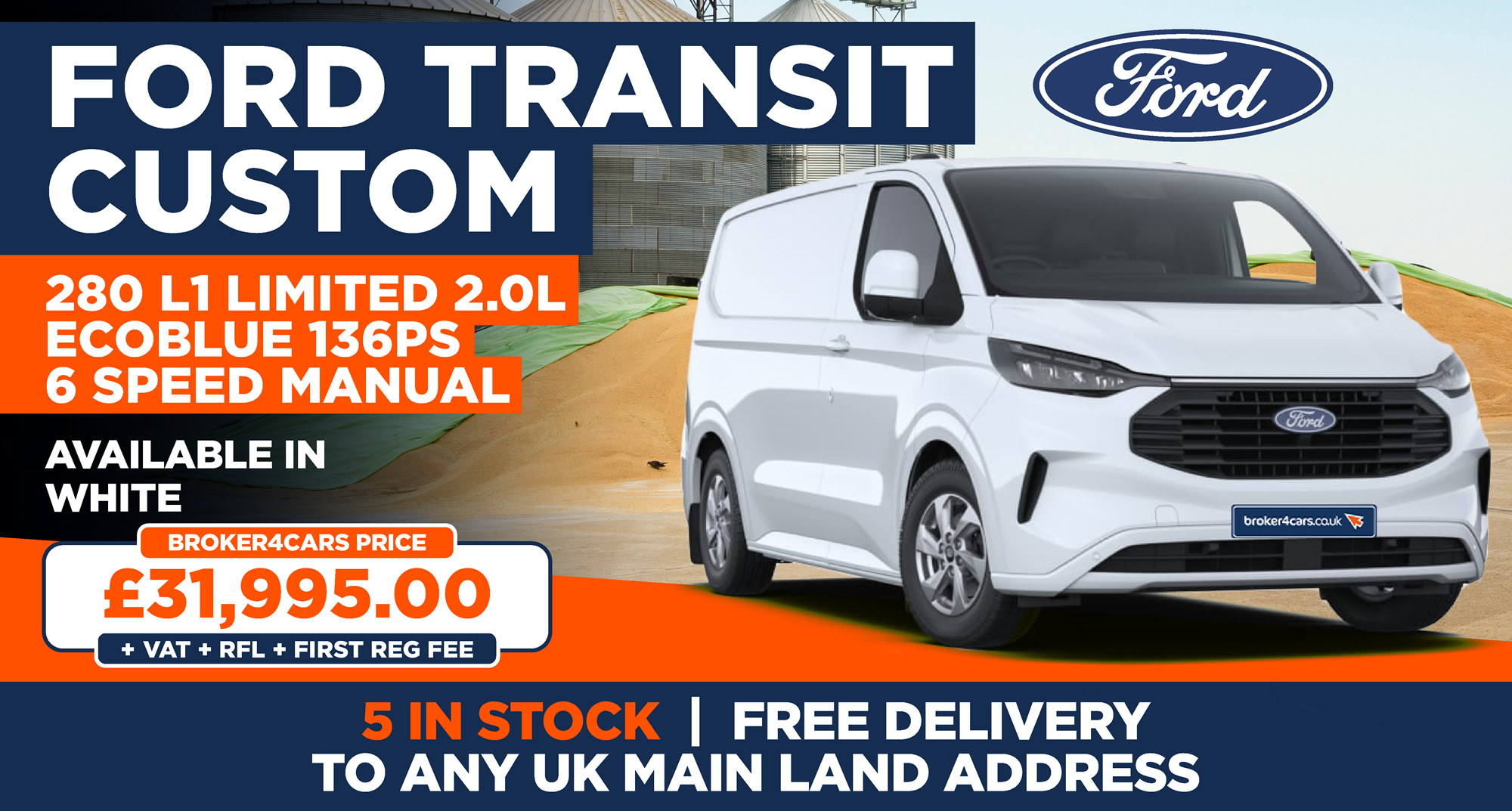 FORD TRANSIT CUSTOM 280 L1 Limited 2.0l EcoBlue 136ps 6 speed manual WhiteALL IN STOCK WITH FREE DELIVERY. 5 in Stock. All above prices are + VAT + RFL + 1st Reg Fee